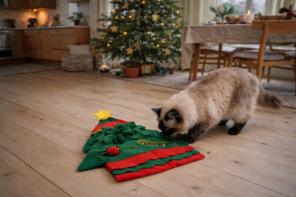 Companion X'mas cat sniffing carpet