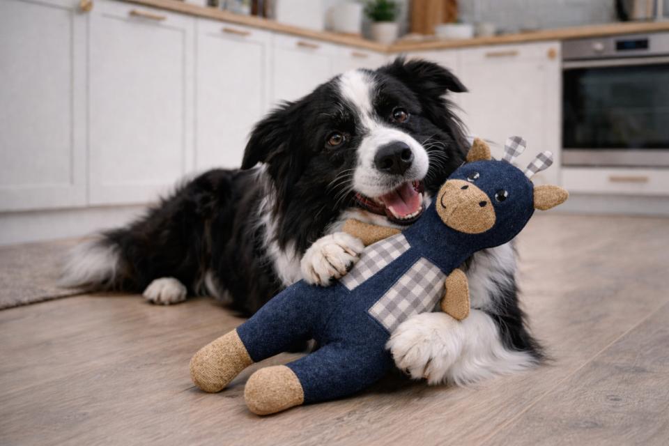 Companion hundleksak, patchwork i denim, giraff